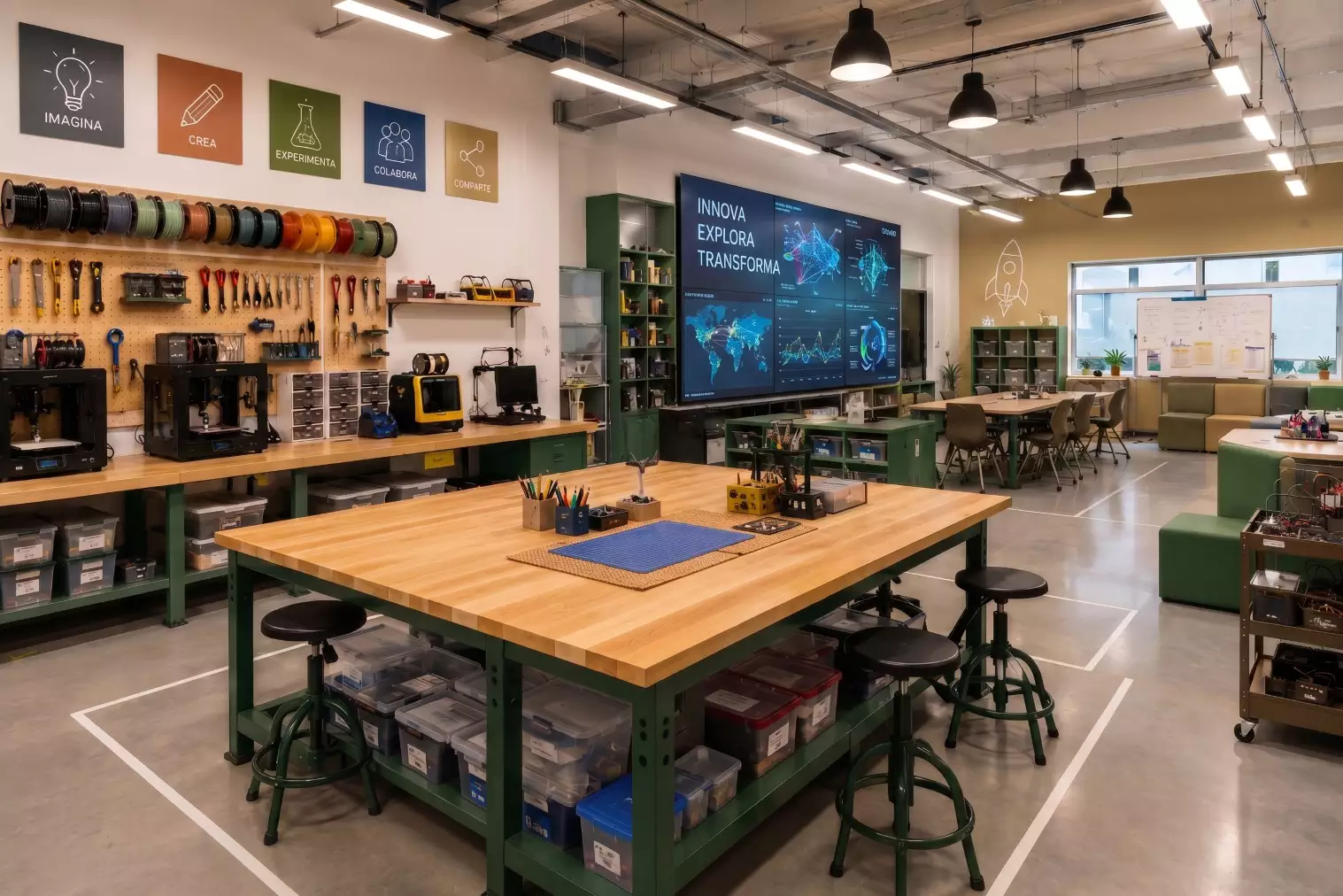 Aula equipada como espacio maker con estaciones de trabajo y herramientas